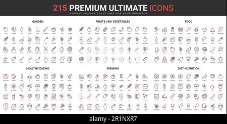 Produit alimentaire sain, agriculture et régime fin ligne rouge blac icônes définir illustration vectorielle. Symboles abstraits de fruits et légumes de jardin, nutrition perte de poids conception simple applications web mobiles Illustration de Vecteur