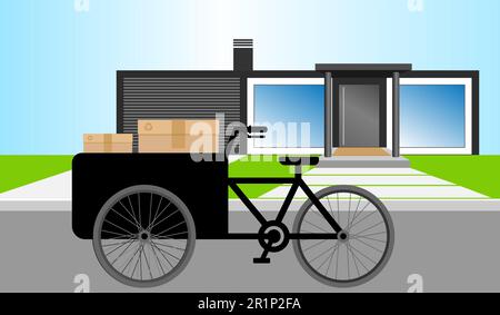 Scène urbaine d'un vélo cargo avec des boîtes en carton chargées et un magasin en arrière-plan. Illustration vectorielle plate Illustration de Vecteur