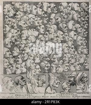 'Personnages et caricatures; les têtes idéalisées de St Jean et St Paul sont contrastationnées avec des têtes grotesques, au-dessus d'eux s'élève un nuage de visages avec des expressions différentes, 1743, historique, restauré numériquement reproduction d'un original de 19th siècle. / Charaktere und Karikaturen; die idealizierten Köpfe des Heiligen Johannes und des Heiligen Paulus werden mit grotesken Köpfen kontrastiert, über ihnen erhebt sich eine Wolke von Gesichtern mit unterschiedlichen Ausdrücken, 1743, Vorderung von Reiterhof, 19. Jahrhundert Banque D'Images