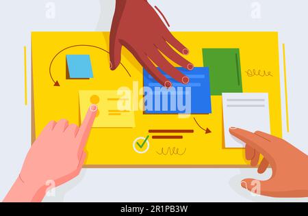 La planification de l'équipe de développement de logiciels d'affaires travaille ensemble. Tableau des tâches de méthodologie de la mêlée rempli de tâches sur les fiches de notes adhésives. Les mains collent et écrivent sur le tableau. Illustration vectorielle. Illustration de Vecteur