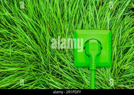 Prise verte avec fiche d'alimentation et câble sur herbe verte Banque D'Images