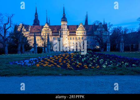 Château de Merseburg à l'heure bleue, jardin du château avec lit de fleurs, Merseburg, Saxe-Anhalt, Allemagne Banque D'Images