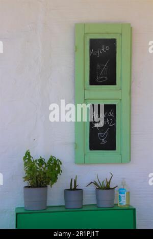 Menu boissons dans un restaurant sur l'île de Symi, Grèce, plantes, Banque D'Images