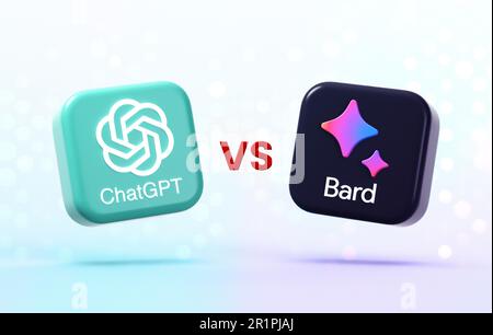 Valencia, Espagne - Mai, 2023: OpenAI ChatGPT VS Google Bard, deux puissantes technologies d'intelligence artificielle et des chatbots. Rivalité et concurrence, l Banque D'Images