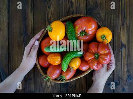 Les mains des femmes tiennent un panier avec des légumes frais. Il y a des tomates mûres et des concombres dans le panier. Banque D'Images
