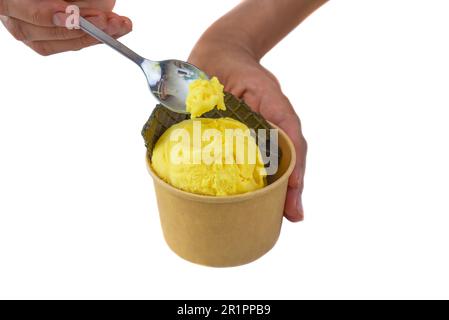 Main avec une cuillère tenant un morceau de crème glacée Mango maison isolée sur fond blanc Banque D'Images