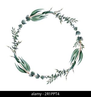 Couronne d'eucalyptus à l'aquarelle ronde avec branches en argent dollar, plantes avec de longues feuilles. Cadre vert botanique élégant Banque D'Images