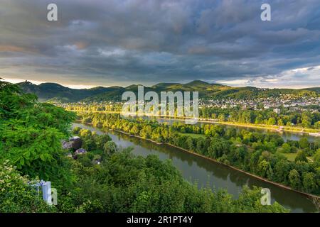 Königswinter, colline de Drachenfels en montagne Siebengebirge avec château de Drachenfels (à gauche), Rhin (Rhin) dans la région de Rhin-Sieg, Rhénanie-du-Nord-Westphalie, Allemagne Banque D'Images