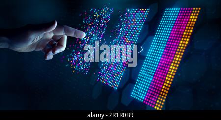 Analyse des Big Data avec technologie ai pour l'analyse des données métiers. Informations sur l'exploration des données, le filtrage, le tri et la mise en grappe. Chercheur de données travaillant sur le Mach Banque D'Images