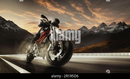 Vue de dessous image de l'homme, conducteur de moto professionnel sur la route, la conduite à grande vitesse autour des montagnes au coucher du soleil. 3D rendu de l'arrière-plan Banque D'Images