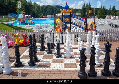 Gros plan sur les grandes pièces et le plateau d'échecs géant des échecs de rue dans le parc Banque D'Images