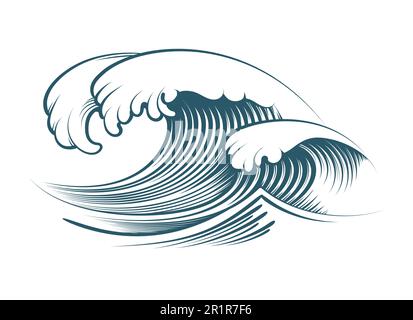 Gravure Monochrome Tattoo des vagues de l'océan isolées sur blanc. Illustration vectorielle. Illustration de Vecteur