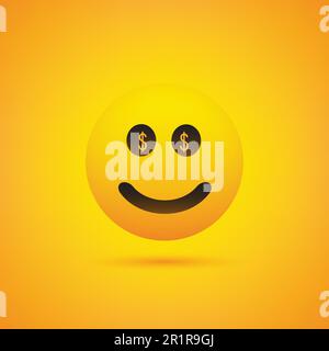 Sourire Emoji avec dollar Signez les yeux - simple heureux Emoticon sur fond jaune Illustration de Vecteur