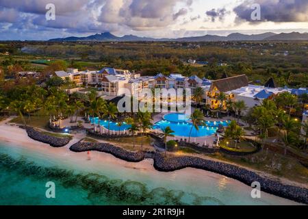 Vue aérienne de la Résidence de luxe cinq étoiles hôtel à Belle Mare plage, quatre cocos, Flacq, île Maurice. Banque D'Images