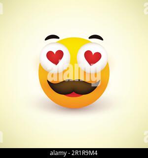 Visage souriant, Emoji, Smiley avec les yeux en forme de coeur et la moustache sur fond jaune Illustration de Vecteur