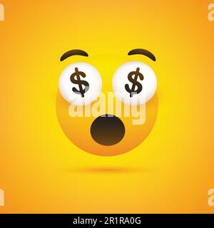 Sourire Emoji avec dollar signe dans les yeux - simple heureux Emoticon sur fond jaune Illustration de Vecteur