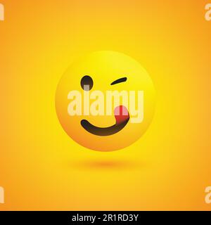 Sourire, encrage et bouche léchant Emoji avec langue coincée - simple Happy Emoticon sur fond jaune - Vector Design Illustration de Vecteur