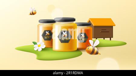 3d illustration du miel dans un pot en verre avec des abeilles volantes et une fleur blanche sur une île en herbe verte avec ruche Illustration de Vecteur