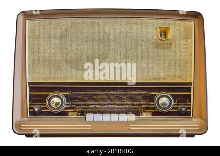 Radio d'époque avec affichage des villes européennes isolées sur fond blanc Banque D'Images