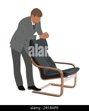 L'homme d'affaires se penche sur une chaise de bureau. Illustration de Vecteur