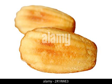 Paire de petits gâteaux de Madeleine appétissants isolés sur fond blanc Banque D'Images