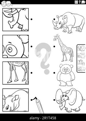 Dessin animé noir et blanc illustration du jeu éducatif correspondant avec des personnages d'animaux sauvages et des images coupures page de coloriage Illustration de Vecteur