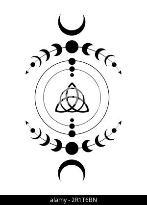 Phases mystiques de la Lune bordure du cadre de Wicca. Triquetra géométrie sacrée. Logo, symbole de la triple déesse Wiccan, cercle d'énergie, vecteur de style boho tattoo noir Illustration de Vecteur