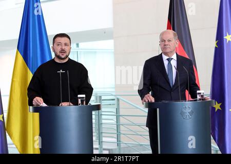 Berlin, Allemagne, 14,5.23, Volodymyr Zelenskyj, président de l'Ukraine lors de la conférence de presse avec le chancelier OLAF Scholz, assistent à la visite du président Zele Banque D'Images