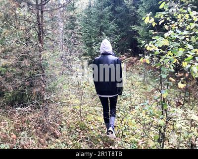 Les gens, les cueilleurs de champignons en vêtements chauds marchent dans une randonnée dans la forêt d'automne avec des arbres dans la nature le long de l'herbe et des feuilles. Banque D'Images