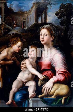 La Madonna et l'enfant avec Saint Jean-Baptiste par le peintre et architecte italien Giulio Romano (Giulio Pippi, c. 1499-1546), huile sur panneau, c. 1522-24 Banque D'Images