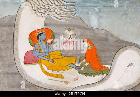 Vishnu couché sur le serpent Shesha, aquarelle opaque et peinture or sur papier, vers 1775-1800 Banque D'Images