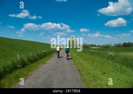 Cyclistes sur le chemin de Papenburg à Leer au printemps. Tiré du printemps avec une vue sur l'immensité de l'Emsland et la digue de l'EMS dans le nord Banque D'Images