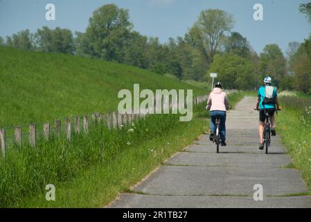 Cyclistes sur le chemin de Papenburg à Leer au printemps. Tiré du printemps avec une vue sur l'immensité de l'Emsland et la digue de l'EMS dans le nord Banque D'Images