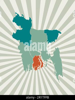 Carte du Bangladesh. Affiche avec carte du pays dans une palette de couleurs rétro. Forme du Bangladesh avec le fond de rayons de soleil. Illustration vectorielle. Illustration de Vecteur