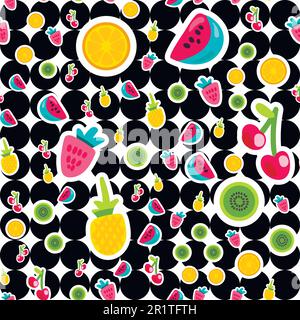 Fruits d'été couleur sans couture motif vectoriel. Autocollants cerise, fraise, ananas Illustration de Vecteur