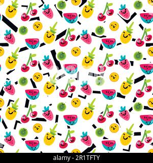 Motif vectoriel transparent couleur Emoji de fruits. Orange, kiwi, merisier emoji sur les lignes, angles arrière-plan Illustration de Vecteur