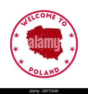 Bienvenue au timbre de Pologne. Timbre rond de pays grunge avec texture dans le thème de couleur rouge Herring. Joint Pologne géométrique de style vintage. Puissant vecteur illu Illustration de Vecteur