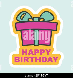 Autocollant « Joyeux anniversaire » avec affiche pour boîte-cadeau. Étiquette d'anniversaire avec boîte cadeau pour cartes de vœux, cartes postales, messages ou décorations de fête surprise, Illustration de Vecteur