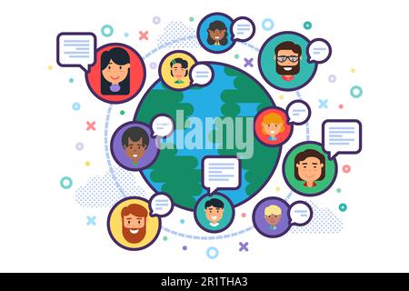 Mix Rrace multiethnique Business People Team communiquer sur Terre Globe fond. Illustration vectorielle plate de la communication sur les réseaux sociaux mondiaux, Illustration de Vecteur