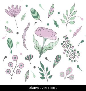 Dessins simples et abstraits à la main de formes diverses et de gribouilles.nature botanique fleurs et feuilles objets. Illustration de Vecteur