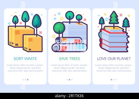 Jeu d'affiches sur le recyclage des déchets de papier. Modèles de circulaires avec espace de copie, tri des déchets, écologie et pollution concept. Trier les déchets, sauver les arbres, aimer ou Illustration de Vecteur