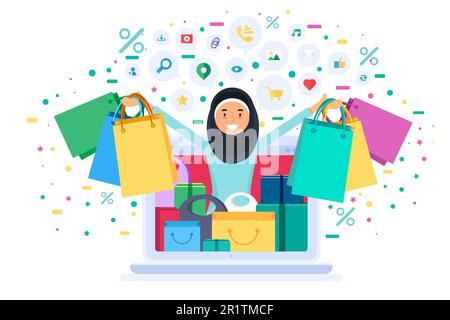Une femme musulmane magasiner en ligne tient des sacs à partir d'un ordinateur portable. Achat en ligne et commerce électronique concept. Illustration vectorielle plate de la bonne dame arabe dans hij Illustration de Vecteur