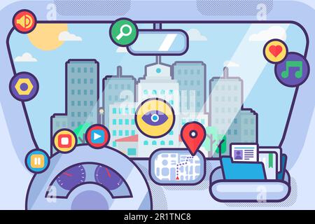 Intérieur de la voiture avec système de navigation et carte gps. Salon de voiture intelligent avec tableau de bord, roue, panneaux d'application d'assistance et paysage urbain dans le vent avant Illustration de Vecteur