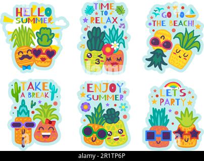 Ensemble d'autocollants Hello Summer. Collection de cartes mignonnes avec éléments de fête tropicale. Patchs colorés avec des ananas amusants de dessin animé. Vacances d'été, Trav Illustration de Vecteur