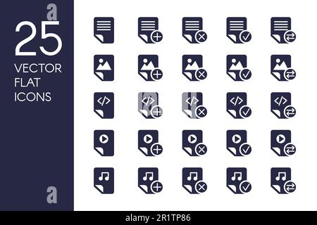 Ensemble d'icônes vectorielles plates de documents et de fichiers. Stockage de données, éléments de bureau, pictogrammes noir et monochrome Illustration de Vecteur