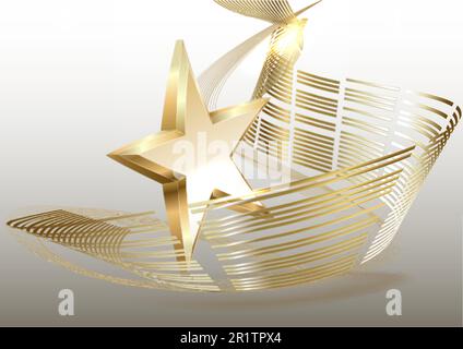 3d étoiles dorées avec ruban et décoration à effet brillant, bokeh et poutres. Illustration de Vecteur