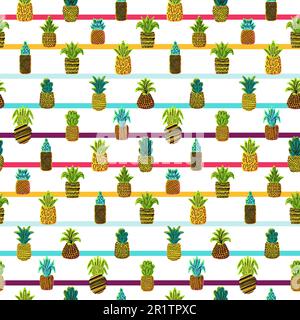 Motif sans couture dessiné à la main, motif vectoriel de fruits d'été. Ananas, dessert tropical sur fond rayé Illustration de Vecteur