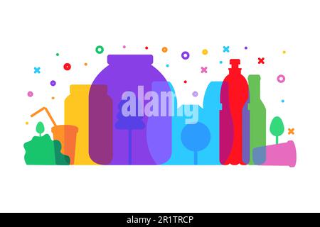 Risque de déchets plastiques. Pollution de la Terre et concept d'écoprotection. Arbres poussant dans des bouteilles en plastique, des canettes et des tasses. Modèle de réduction, de réutilisation et de recyclage Illustration de Vecteur