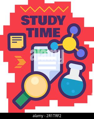 Étiquette de temps d'étude pour le concept de retour à l'école. Modèle d'étiquette créative sur fond blanc. Icône amusante avec éléments de leçon de chimie ou de physique. Chariot Illustration de Vecteur