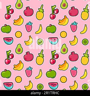 Fruits frais mélange de fruits d'été motif sans couture. Ananas peint aux couleurs vives, toile de fond orange. Drôles cerises Kiwi et avocat avec Black Outline. Enfant P Illustration de Vecteur